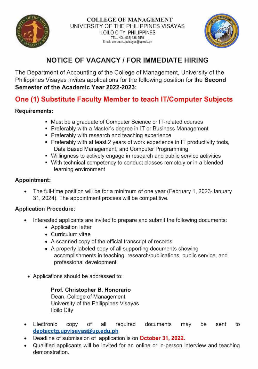 hiring faculty cm acctg it 1022