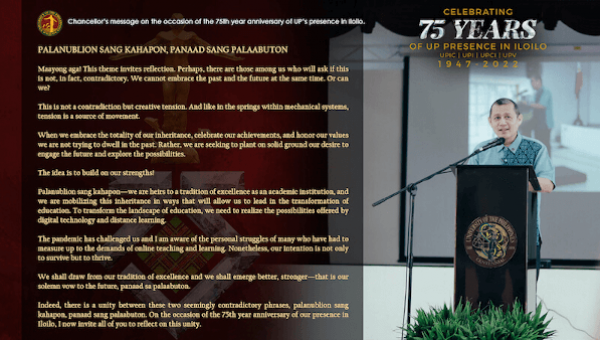 Chancellor’s message on the occasion of the 75th year anniversary of UP’s presence in Iloilo