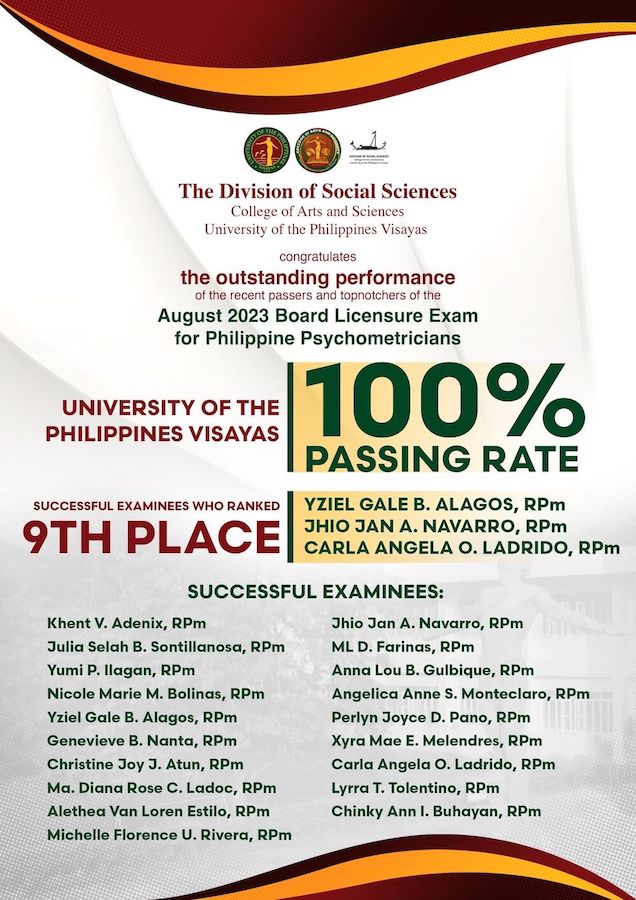 3 psych grads rank 9th in Psychometrician Licensure Exam; UPV scores 100% passing rate