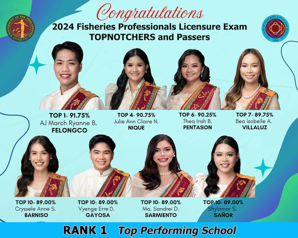UPV is the top performing school in the 2024 Fisheries Professionals Licensure Exam; 8 grads secure spots in the top 10 highest places