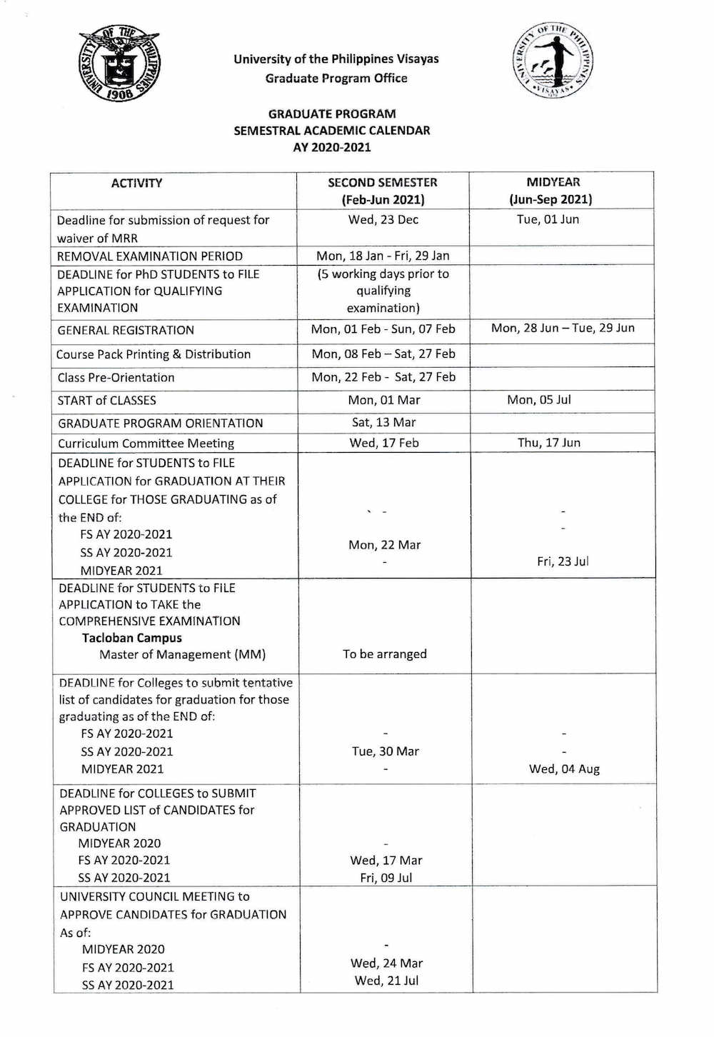 graduate calendar semestral 2020 2021