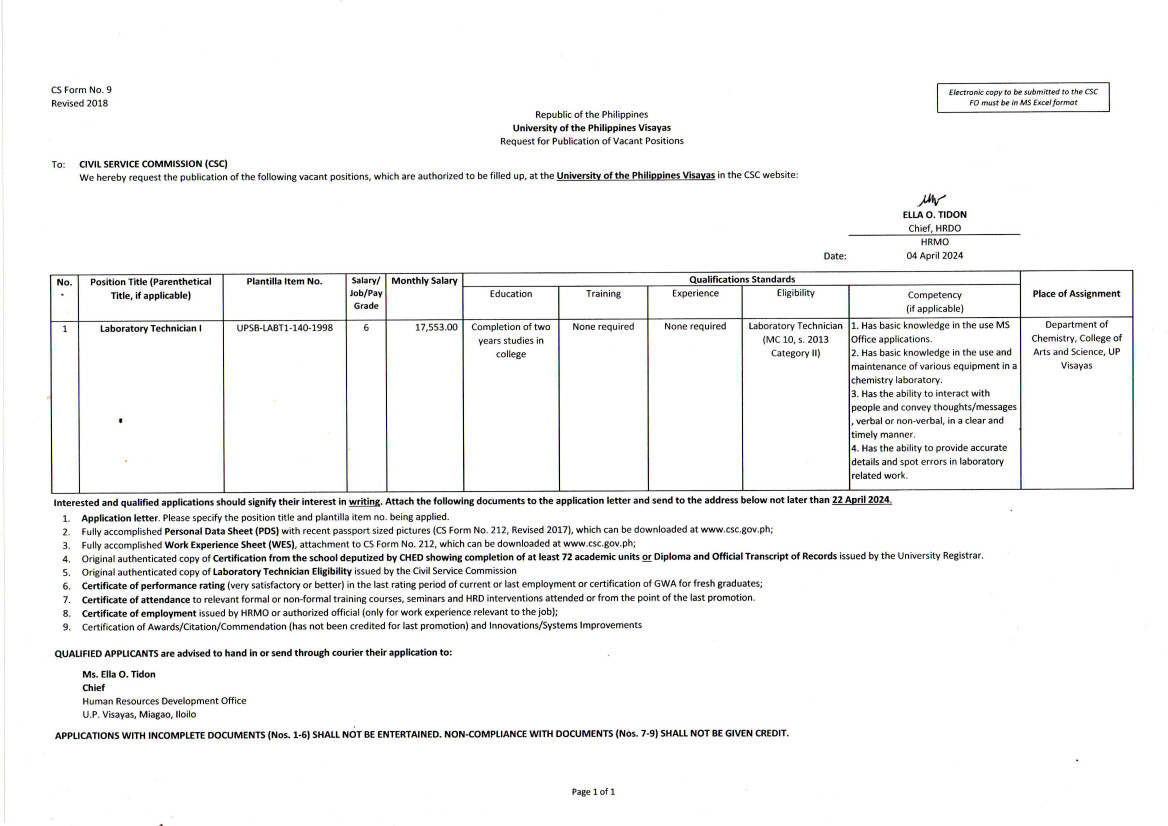 hiring chem dept labtech1 0424