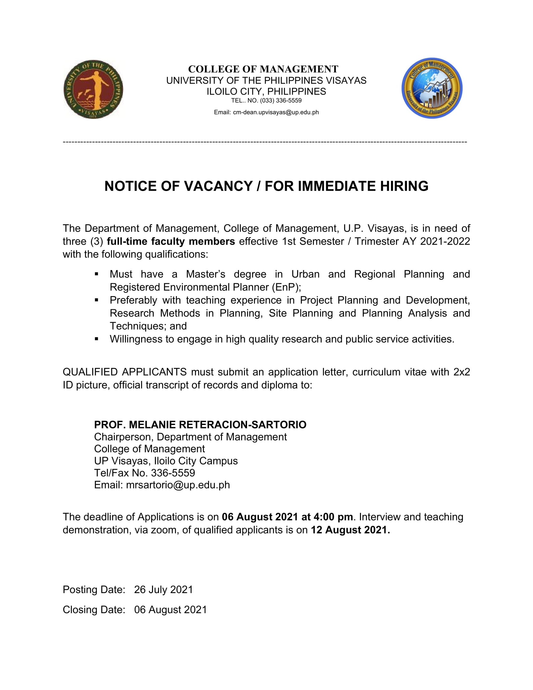 hiring cm faculty durp 0721