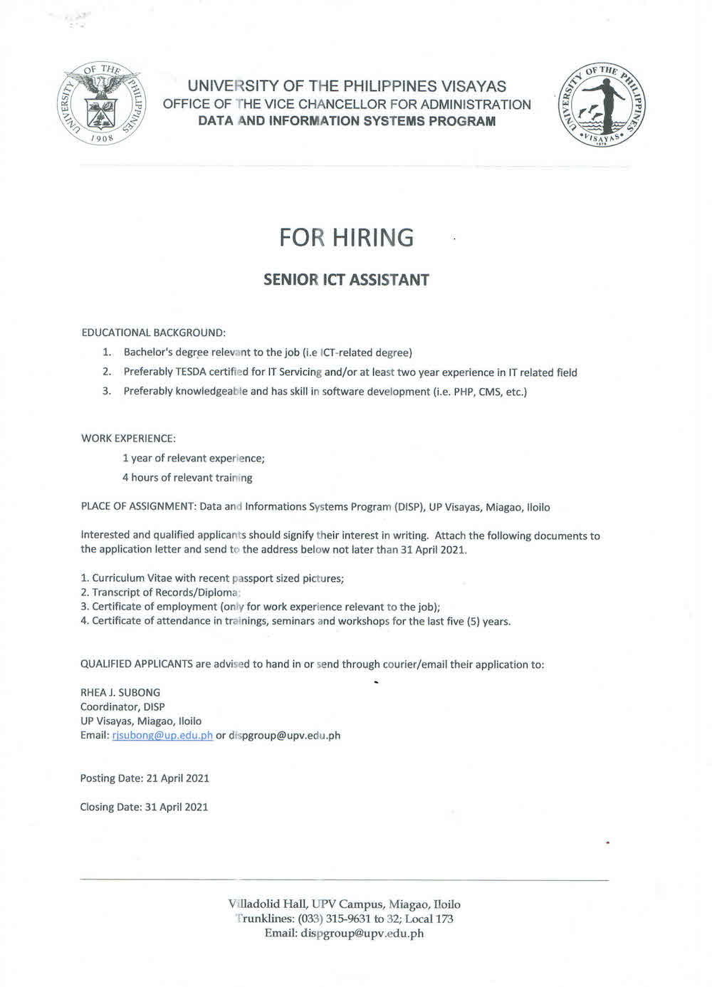 hiring disp senior ict asst