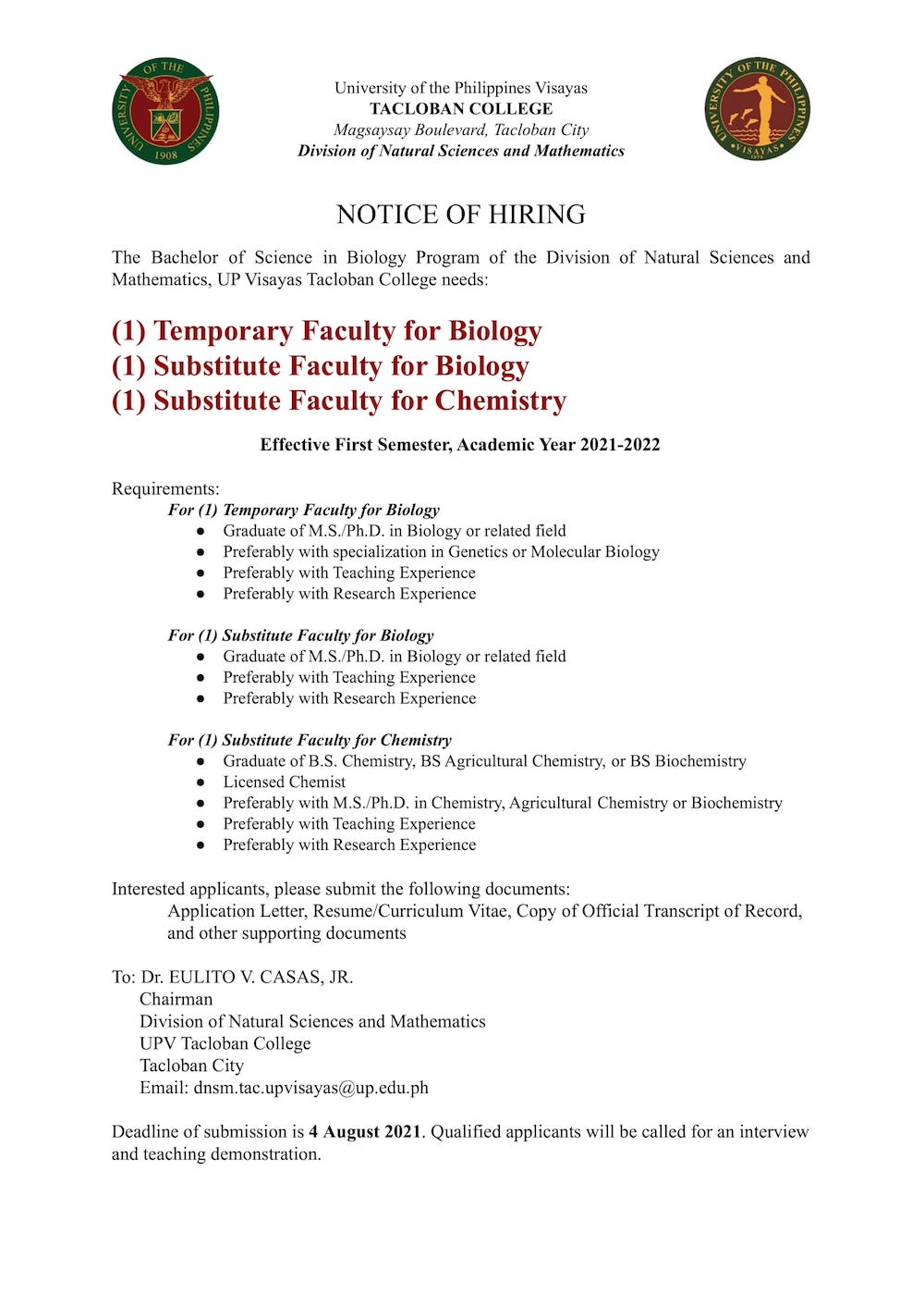 hiring dnsm bsbiochem fac 0721