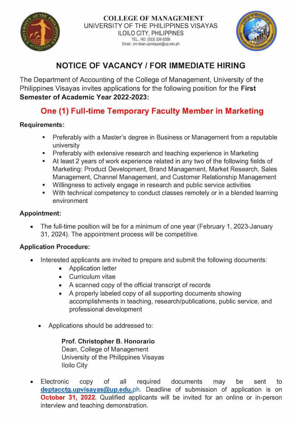 hiring faculty cm acctg marketing 1022
