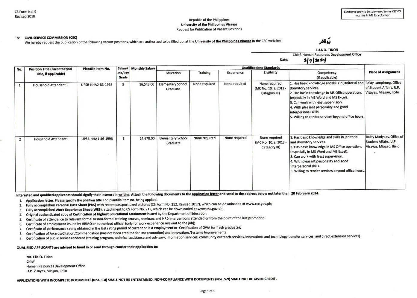 hiring osa household attendant 0224