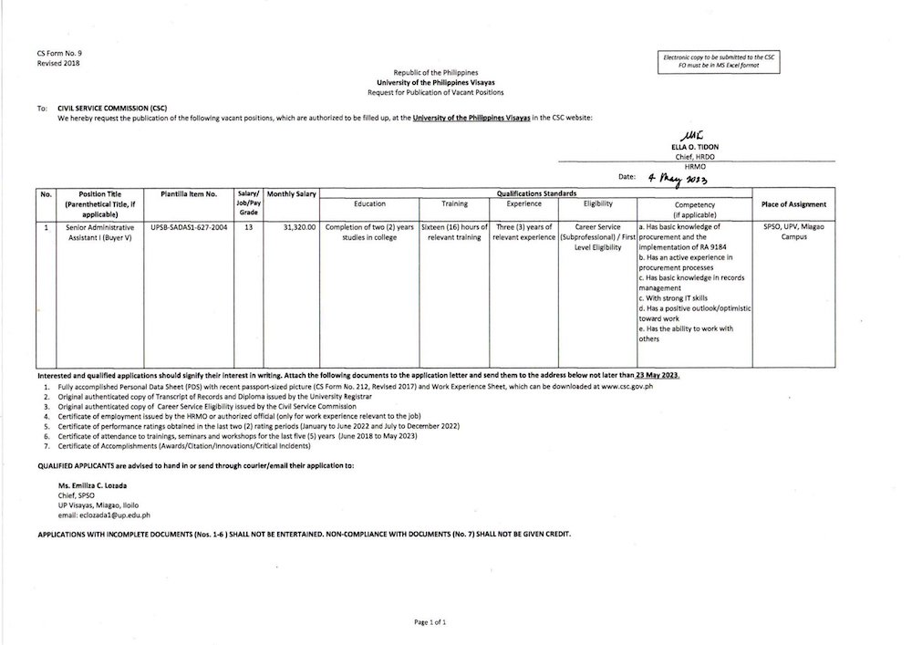 hiring spso senior admin asst1 0523