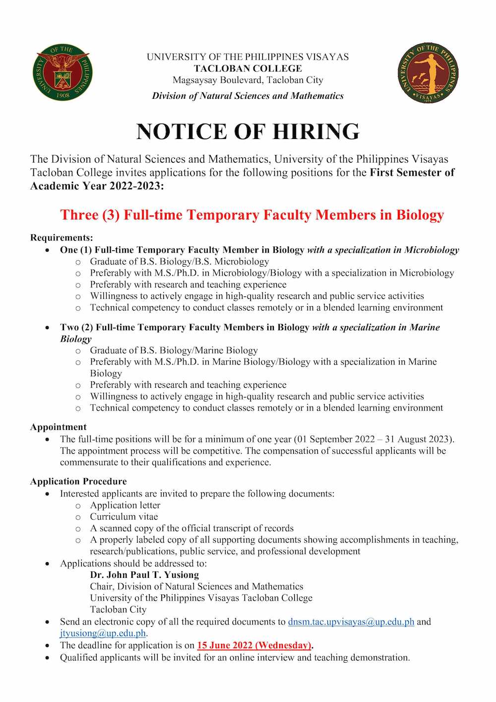 hiring upvtc bio faculty 0622