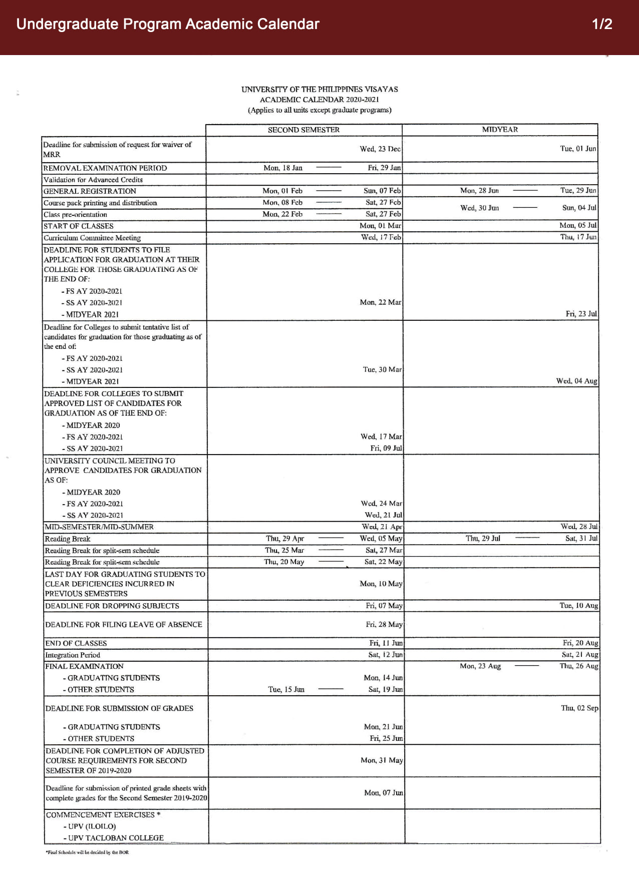 undergrad calendar 2020 2021